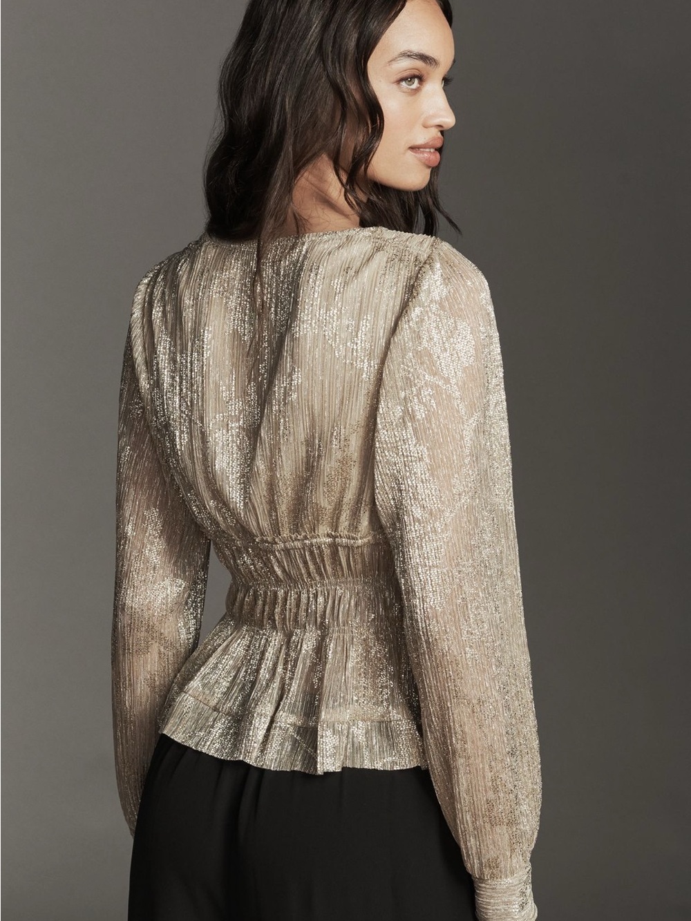 NWT By Anthropologie Metallic Gold Smocked Long Sleeve Peplum Blouse
